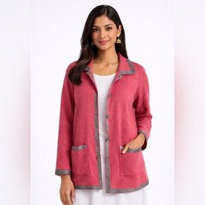 Spanner 100% Wool Cardigan Jacket Pink Gray Trim Vintage M